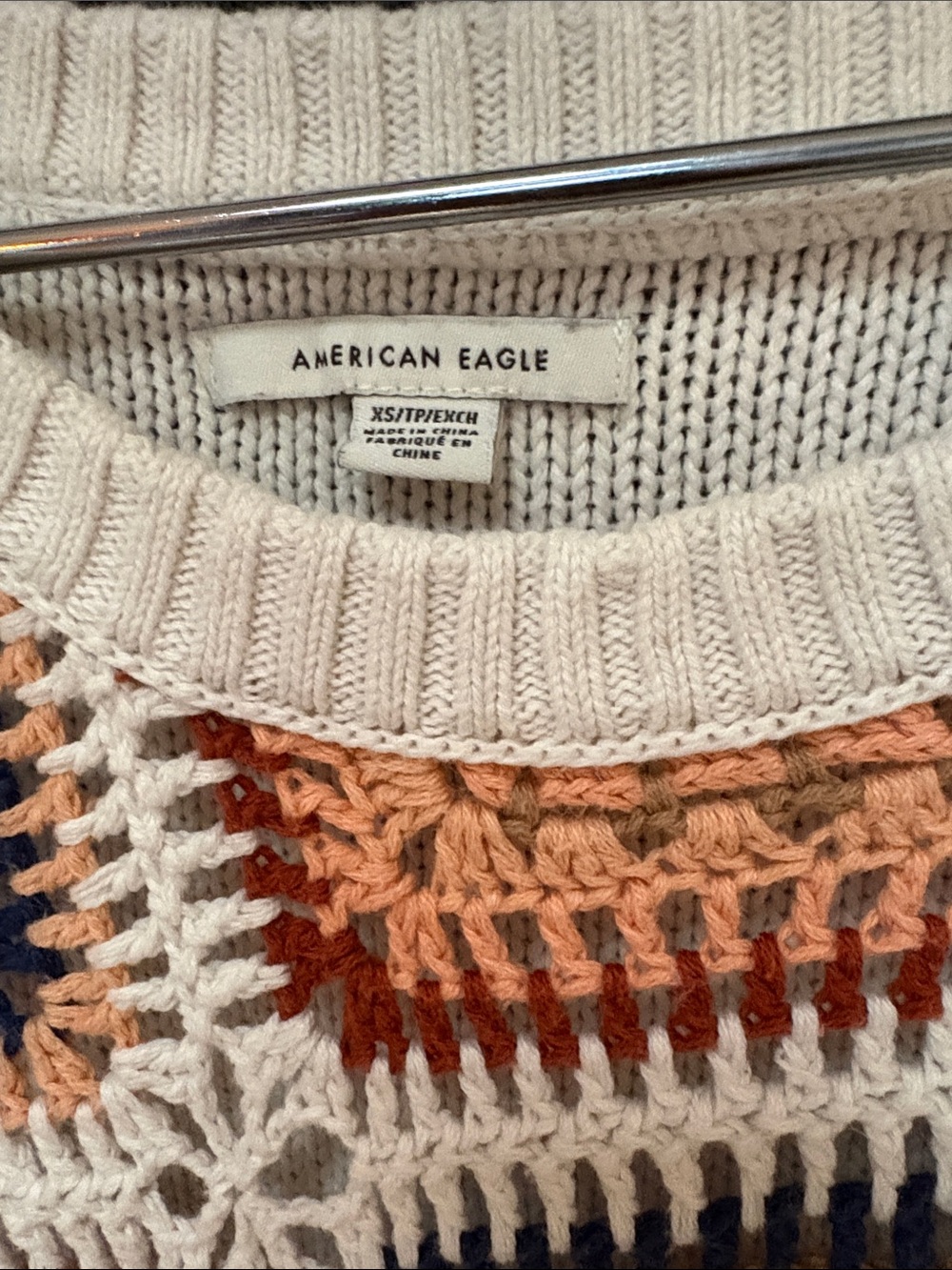 American Eagle Outfitters Crochet Square Pullover - Cream, Navy & Rust - Picture 3 of 3